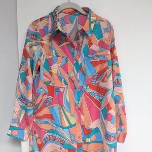 NWOT Geometric Abstract Print Button Up Long Sleeve 60s Shirt Dress Size Small